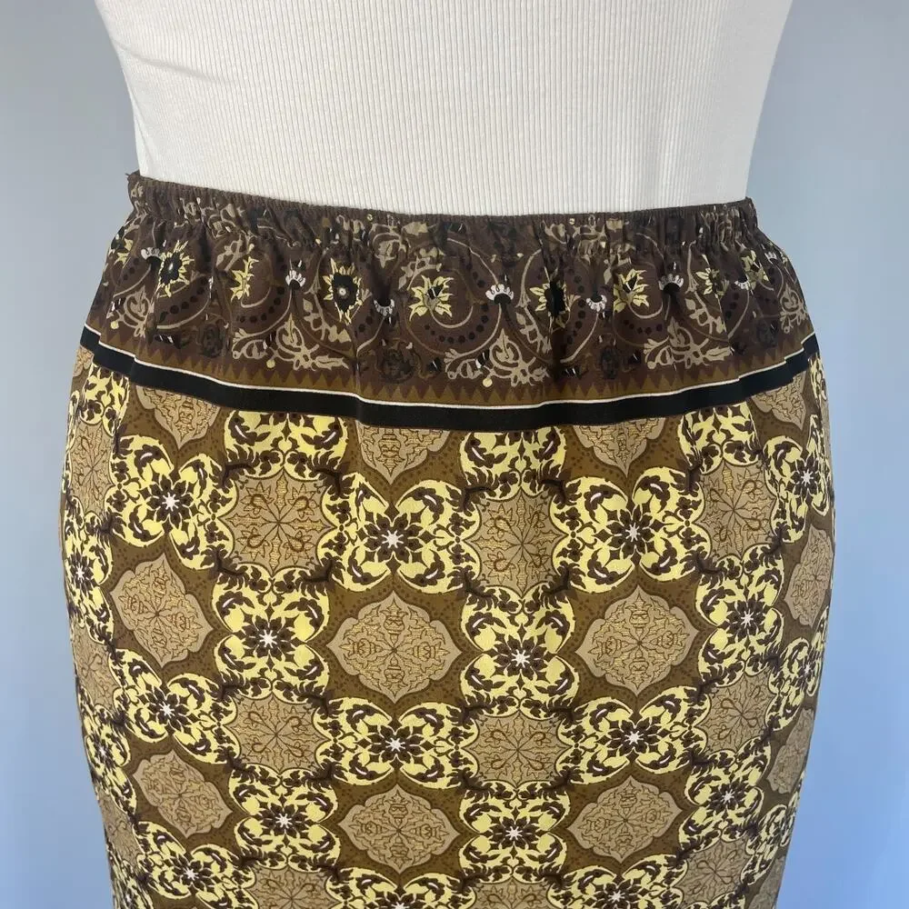 Y2K Midi Skirt Size 14 Brown Medallion Scarf Print Faux Wrap Column Boho Vtg 90s